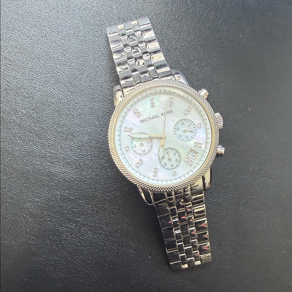 Michael Kors Silver-Tone Chronograph Watch with Mother of Pearl Dial
